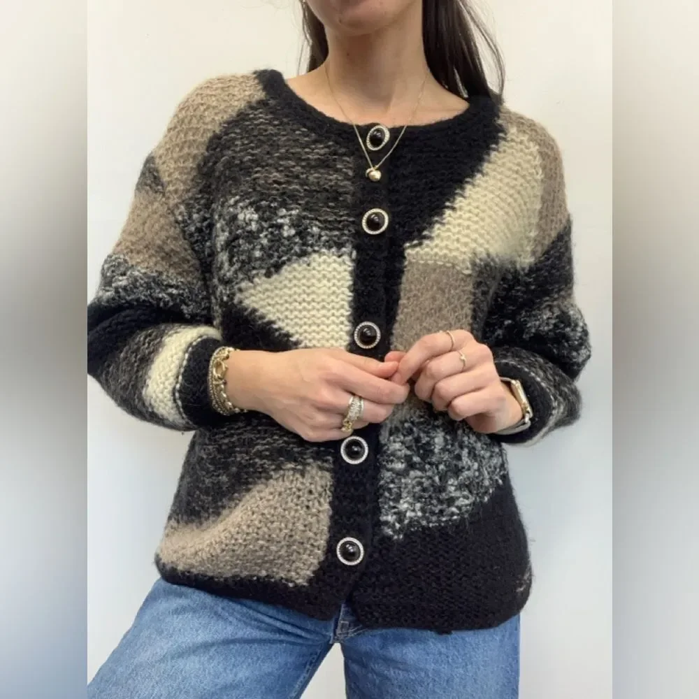 Vintage Black & Cream Wool Chunky Knit Cardigan Round Neck Large Buttons Size M